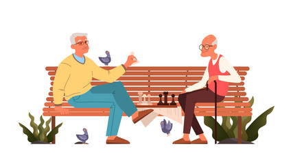 Old men play chess. Elderly peope sitting on park bench with chessboard.
