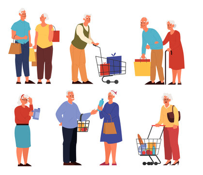 Set of old people in supermarket with carts byuing fruits, vegetables