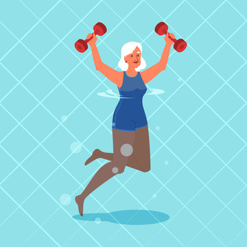 Old woman doing exercise with swimming pool dumbbell.