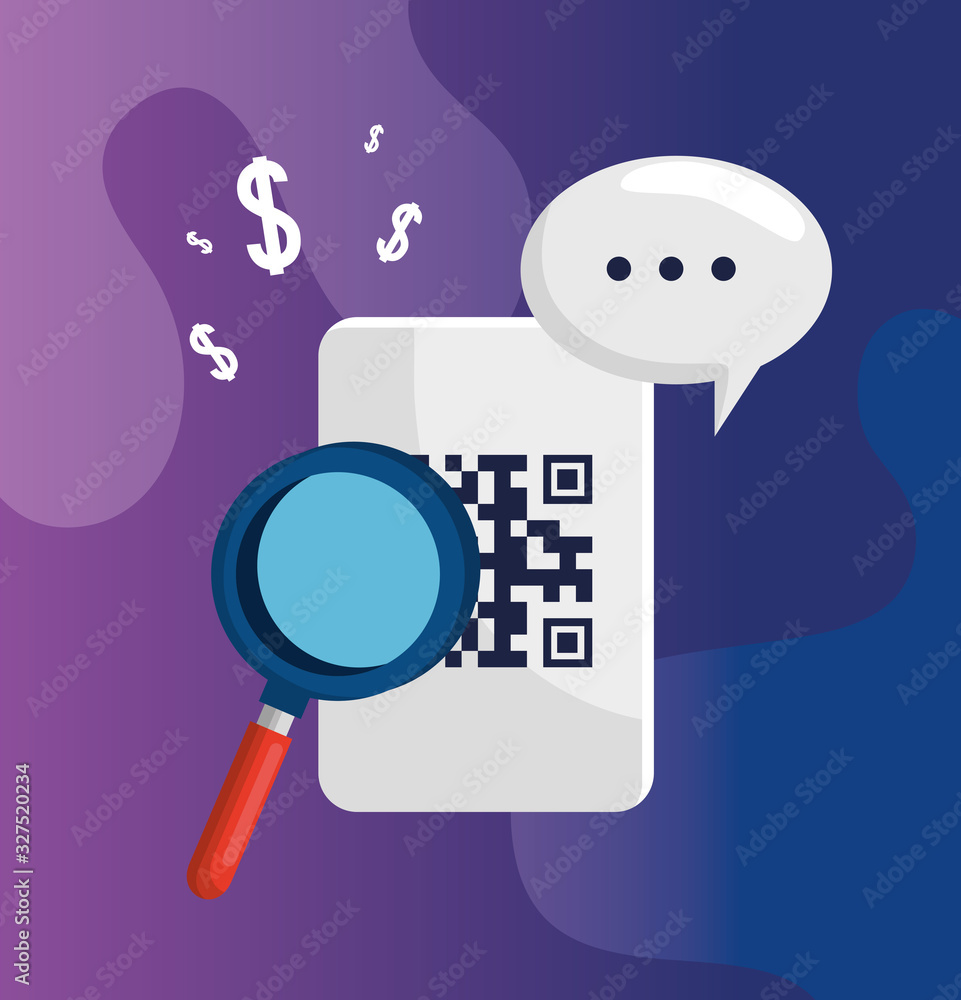Poster code qr with magnifying glass and speech bubble vector illustration design