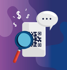 code qr with magnifying glass and speech bubble vector illustration design
