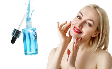 Beautiful face of adult woman near blue cosmetic bottle.