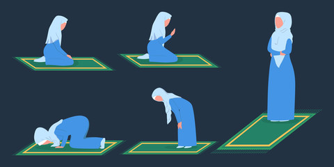 Muslim woman praying position. Woman in traditinal clothes doing