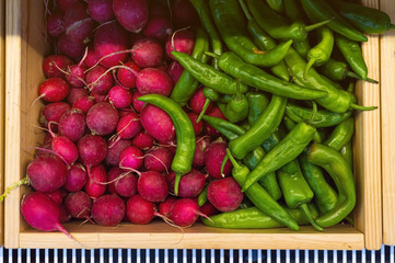 Green chili peppers and red radishes in wooden box on counter top of a store. Fresh and raw stack of red radishes and green jalapeno peppers, authentic spicy mexican ingredient for many dishes.