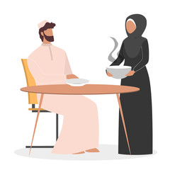 Happy arab family spend time together at home. Muslim woman