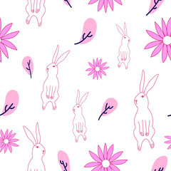 Seamless easter bunny hand drawn pattern with beautiful spring flowers stock Vector illustration. Easter greeting card. For trendy fabric design textile wallpaper wrapping paper.