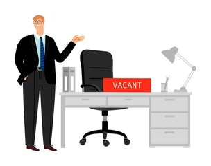 Open vacancy. Workplace and smiling HR manager. Businessman looking for employees, vacant place vector illustration