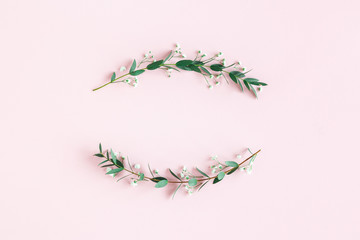 Flowers composition. Wreath made of gypsophila flowers, eucalyptus leaves on pink background. Spring concept. Flat lay, top view, copy space