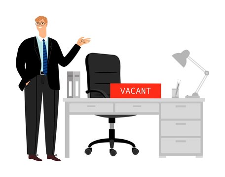 Open vacancy. Workplace and smiling HR manager. Businessman looking for employees, vacant place vector illustration