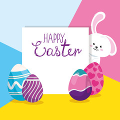 happy easter card with cute rabbit and eggs vector illustration design