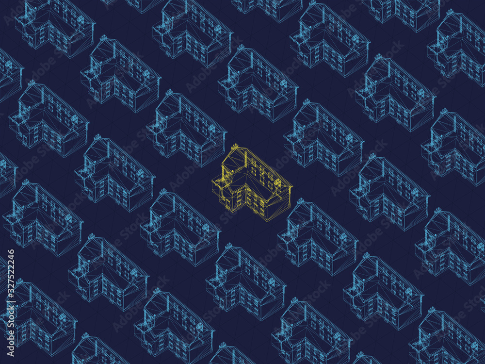 Poster background with many houses standing in rows. wireframe of houses from blue lines on a dark backgrou