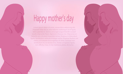 A banner with the silhouettes of three pregnant women tenderly hugging their belly. Vector. Flat cartoon style. It can be used as a greeting card to design a site about pregnant women.