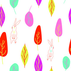 Seamless easter spring bunny colorful leaves hand drawn pattern stock vector illustration white background.Trendy fabric design textile wallpaper wrapping paper or advertising or stationary design
