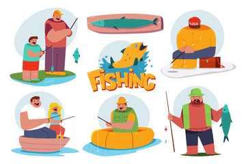 Naklejka premium Fishing vector illustration with fisherman characters set isolated on a white background.