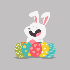 Funny Easter bunny with eggs vector cartoon illustration isolated on background.