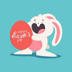 Funny Easter bunny with eggs and hand lettering vector cartoon illustration isolated on background.