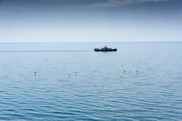 Small white ship at the Baikal lake in siberia with flying gulls, Russia