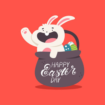 Cute Easter bunny peeks out of the basket with eggs and hand lettering vector cartoon illustration isolated on background.