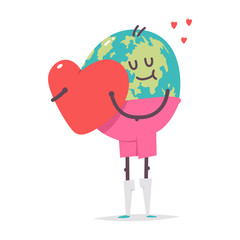 Cute earth character hugs the heart vector cartoon character isolated on a white background.