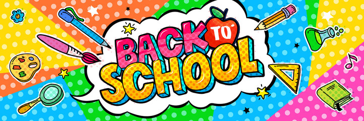 Concept of education. School background with hand drawn school supplies and comic speech bubble