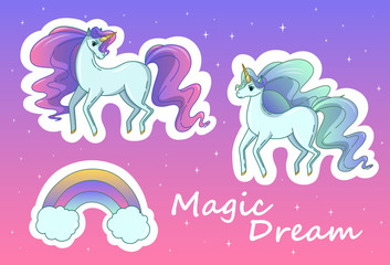 Set of stickers with unicorns and rainbow. Vector illustration