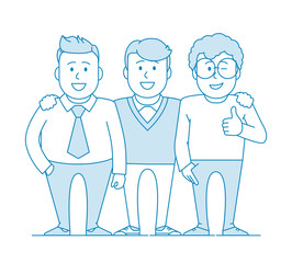 Three friends or colleagues are standing together. Photo for memory. Team of specialists. Happy to be together. Illustration in line art style. Vector