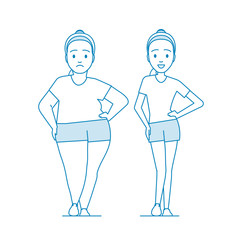 Stages weight loss before and after. Girl in sportswear. Illustration Obesity process. Weight loss through diet or exercise. Overweight Problems fat people. Illustration in line art style. Vector