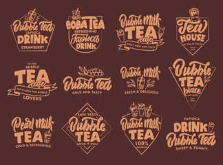 Set of vintage Bubble tea emblems and stamps. Badges, stickers on white background isolated.