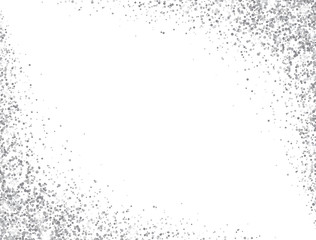 Glitter silver frame with space for text. Luxury glitter decoration border. Silver sparkles and dust on white background. Bright design for Christmas, Birthday, Wedding. Vector illustration