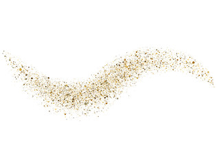 Fototapeta na wymiar Glitter gold wave on white background. Bright golden stardust trail with sparkling particles. Space comet tail. Vip luxury design template. Vector illustration