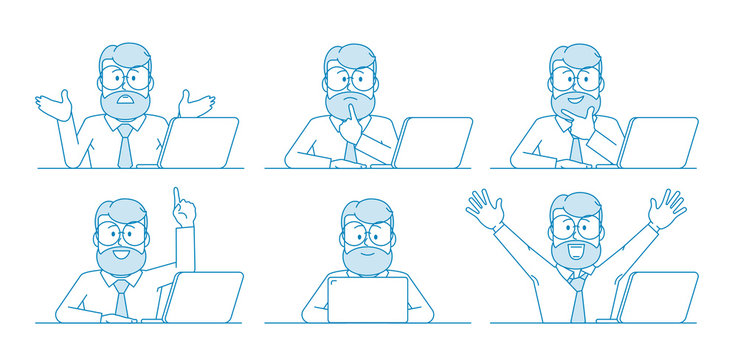 The Working Process. Stages Of Work Or Task. Misunderstanding, Deliberation, Creation, Success. Character - A Man With A Beard And Glasses Works At A Laptop. Illustration In Line Art Style. Vector