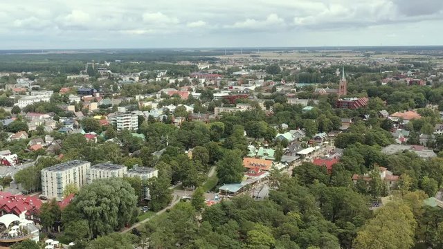 PALANGA, LITHUANIA - JULY, 2019: Aerial panorama view of the pedestrian street and cityscapes resort of Palanga.