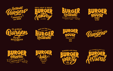 Set of vintage Burger, fast food phrases. Emblems, badges, templates, stickers on dark background. - obrazy, fototapety, plakaty