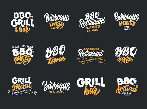 Set of vintage BBQ time phrases. Food emblems, badges, templates, stickers on dark background.