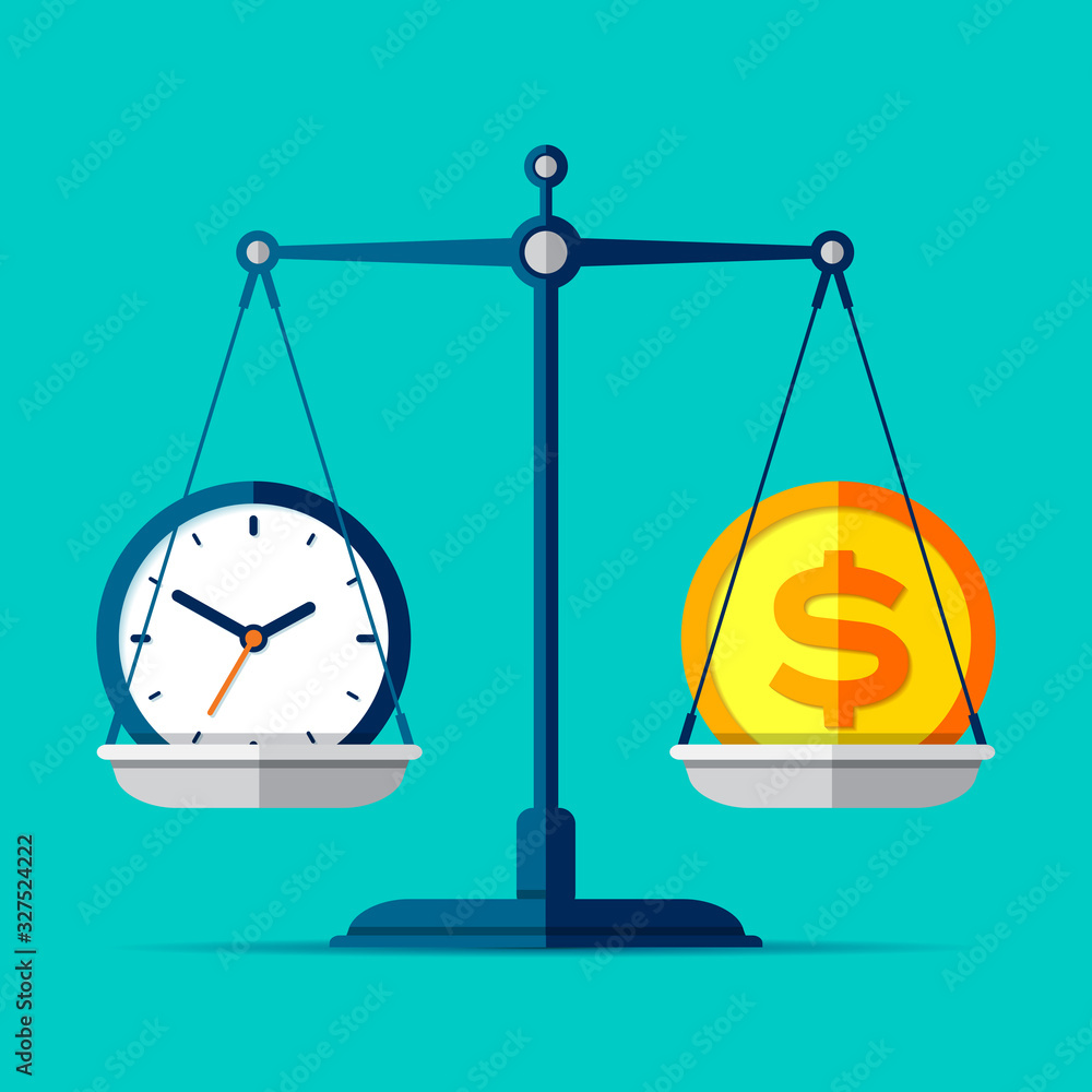 Poster time is money. scales icon in flat style. libra symbol, balance sign. time management. dollar and cl