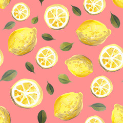 Lemon juicy bright yellow fruit seamless pattern. Manual illustration in gouache. Design for wallpaper, background, fabric, textile, cafe, restaurant, resort, exotic, packaging.