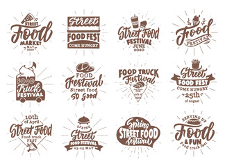 Set of vintage Street food emblems and stamps. Food fest badges, stickers on white background.