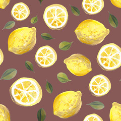 Lemon juicy bright yellow fruit seamless pattern. Manual illustration in gouache. Design for wallpaper, background, fabric, textile, cafe, restaurant, resort, exotic, packaging.