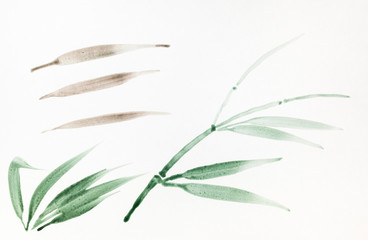 sketch of leaves of reed drawn in sumi-e style