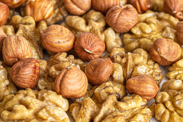 Background of a mixture of peeled hazelnuts and walnuts close-up