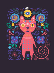 Cat and flowers. Greeting or invitation card. Banner, poster template. Birthday card. Flat design	