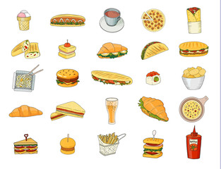 Fast food vector illustration. Meals icons. Snack Bar and American Food.