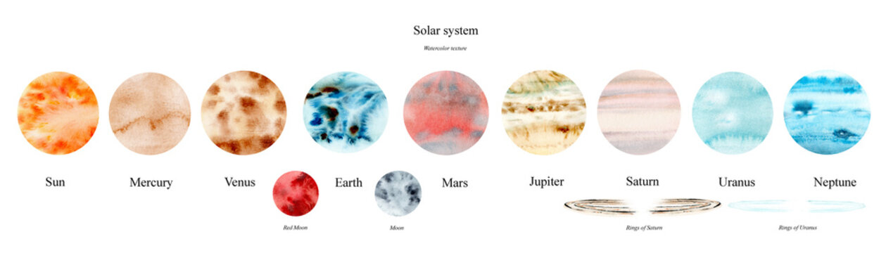 Watercolor hand-drawn illustration collection of the Solar system with the Sun, with the planets Mercury, Venus, Earth and the Moon, Mars, Jupiter, Saturn, Uranus and Neptune.  