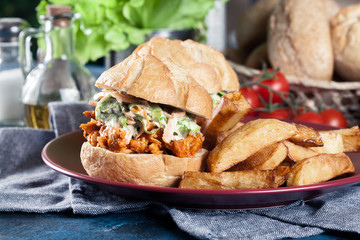 Pulled chicken sandwich with salad and bbq sauce