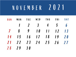 Calendar for November 2021. Illustration.