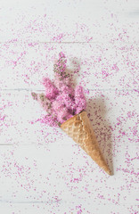 waffle cone with a pink flowers on a white background. Creative design for pastel wallpaper. Top view, flat lay.