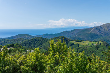 Panorama of the Polcevera valley below, part of the city of Genoa, and the Ligurian Riviera from the Shrine of Our Lady of the Watch (N.S. della Guardia), Genoa, Italy