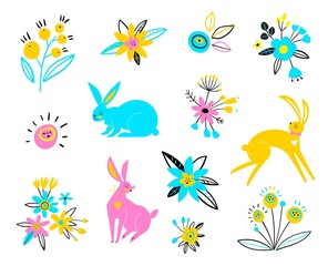 Fototapeta na wymiar Vector hares on a white background. Multi-colored rabbits for Easter design. Cute ostern rabbit vector illustration. Easter cartoon bunny.
