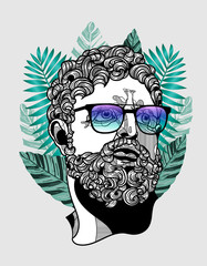 Hercules portrait sculpture. Hipster portrait with glasses and tropical leaves. Summer style.