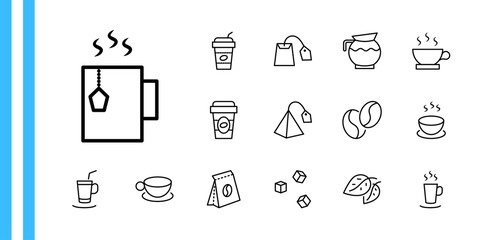Set of Coffee and Tea Vector Line Icons. Contains such Icons as Cup of Tea, Teabags, Coffee beans and Green Tea Leaves, a pitcher of Water, Sugar Cubes and more. Editable Stroke. 32x32 Pixels